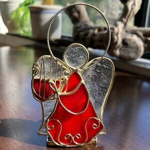 Vintage Angel Red Stained Glass Gold Metal Christmas Mikasa Decor candle holder